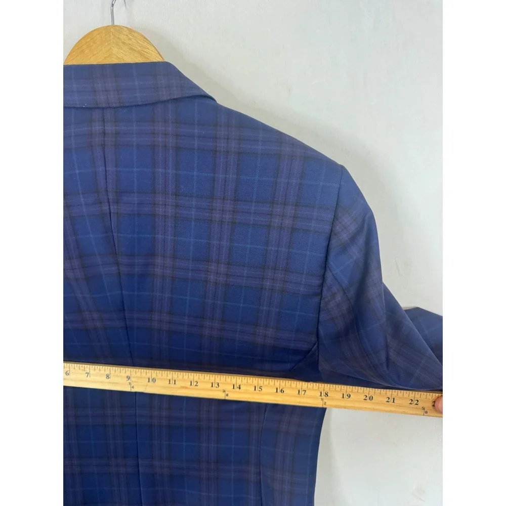 Indochino Mens 36 Navy Blue Plaid 100% Wool Peak 2-Button Blazer Suit Jacket